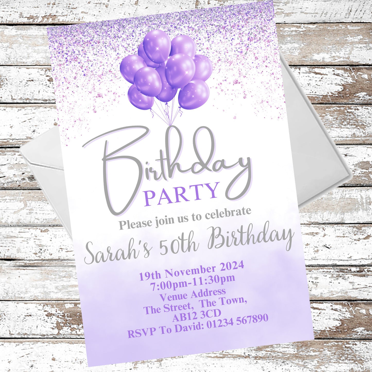 10 Personalised Purple Balloons Party Any Age Invitations With Envelopes