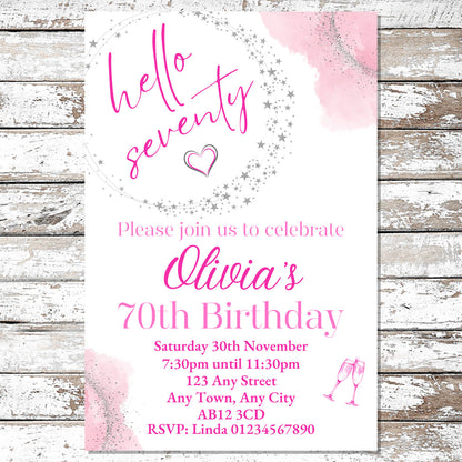 10 Personalised Pink Any Age Party Invitations With Envelopes