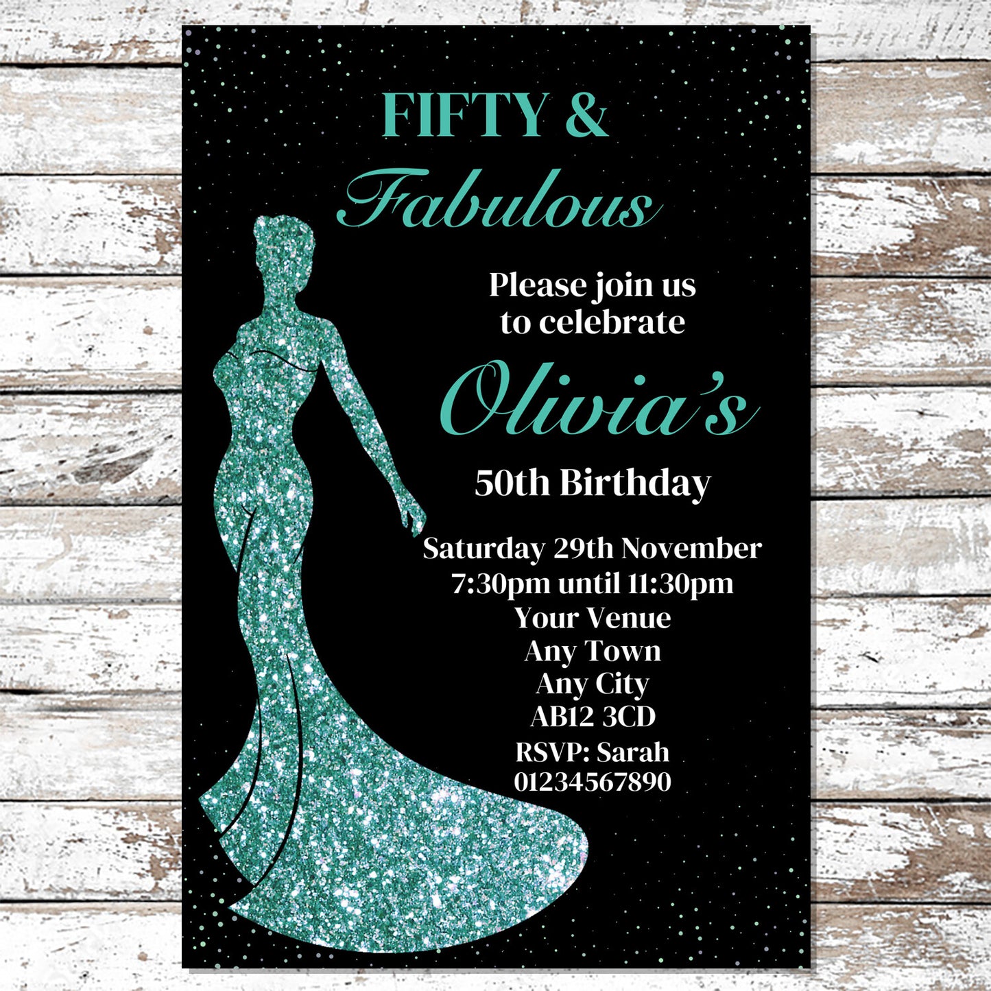 10 Personalised Teal Dress Any Age Party Invitations With Envelopes