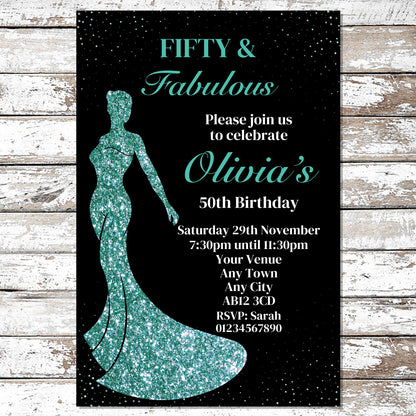 10 Personalised Teal Dress Any Age Party Invitations With Envelopes