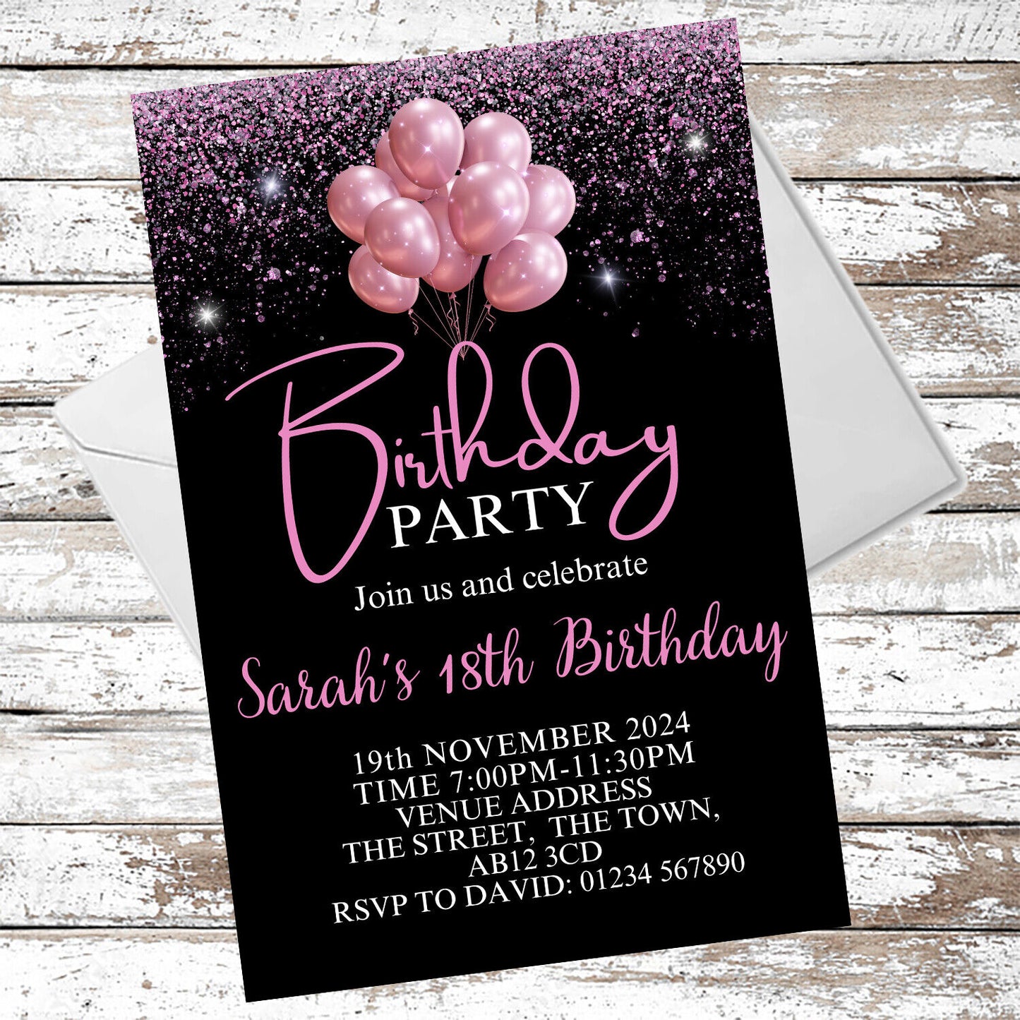 10 Personalised Black & Pink Party Any Age Invitations With Envelopes
