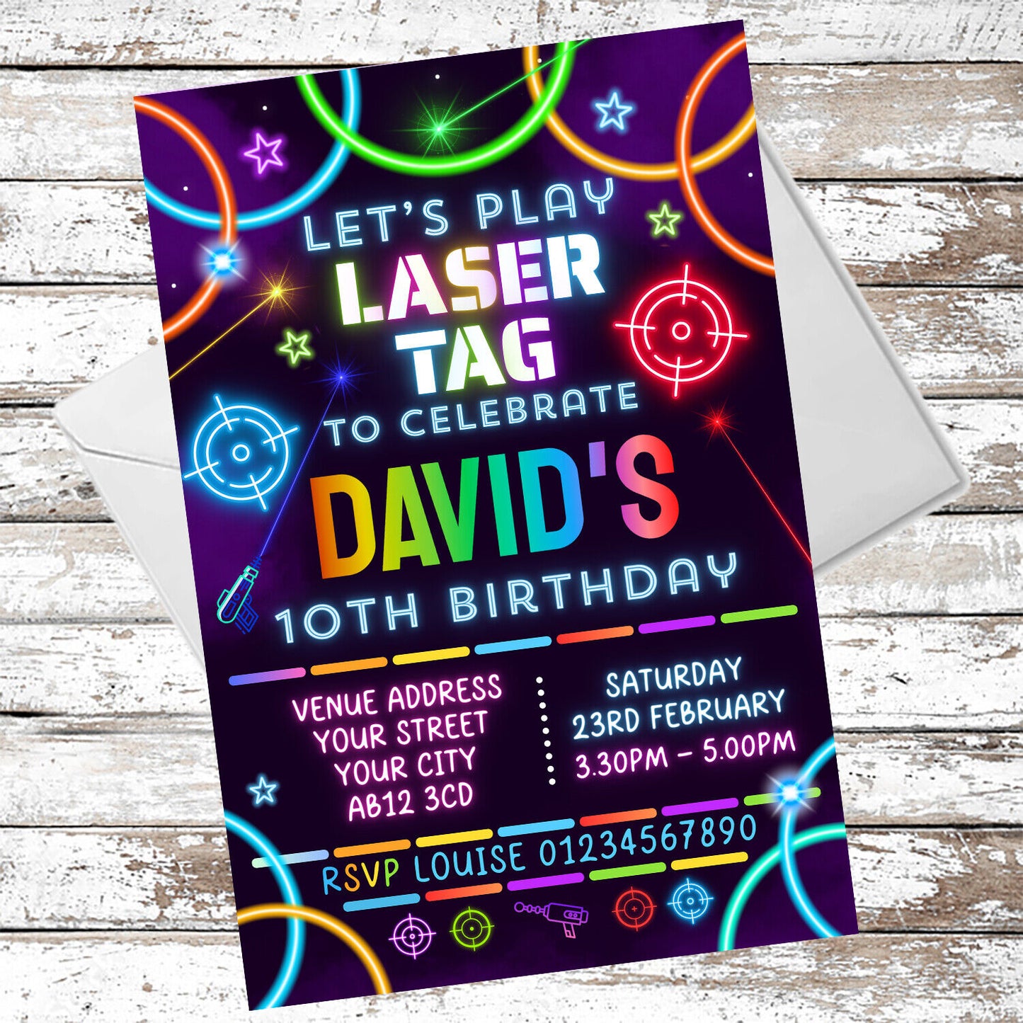 10 Personalised Laser Tag Party Invitations With Envelopes