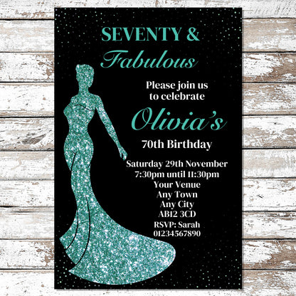 10 Personalised Teal Dress Any Age Party Invitations With Envelopes