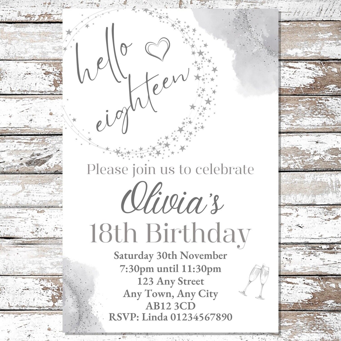10 Personalised Silver Any Age Party Invitations With Envelopes
