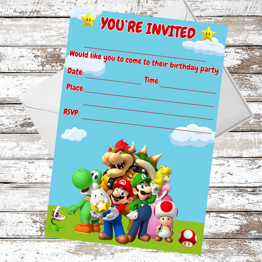 10 Super Mario Team Birthday Party Invitations With Envelopes