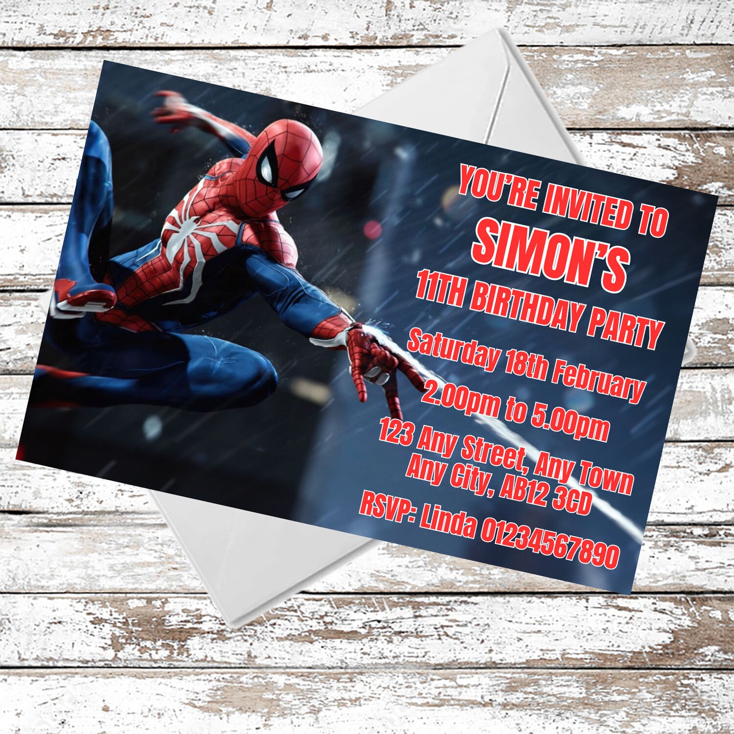 10 Personalised Spiderman Party Invitations With Envelopes