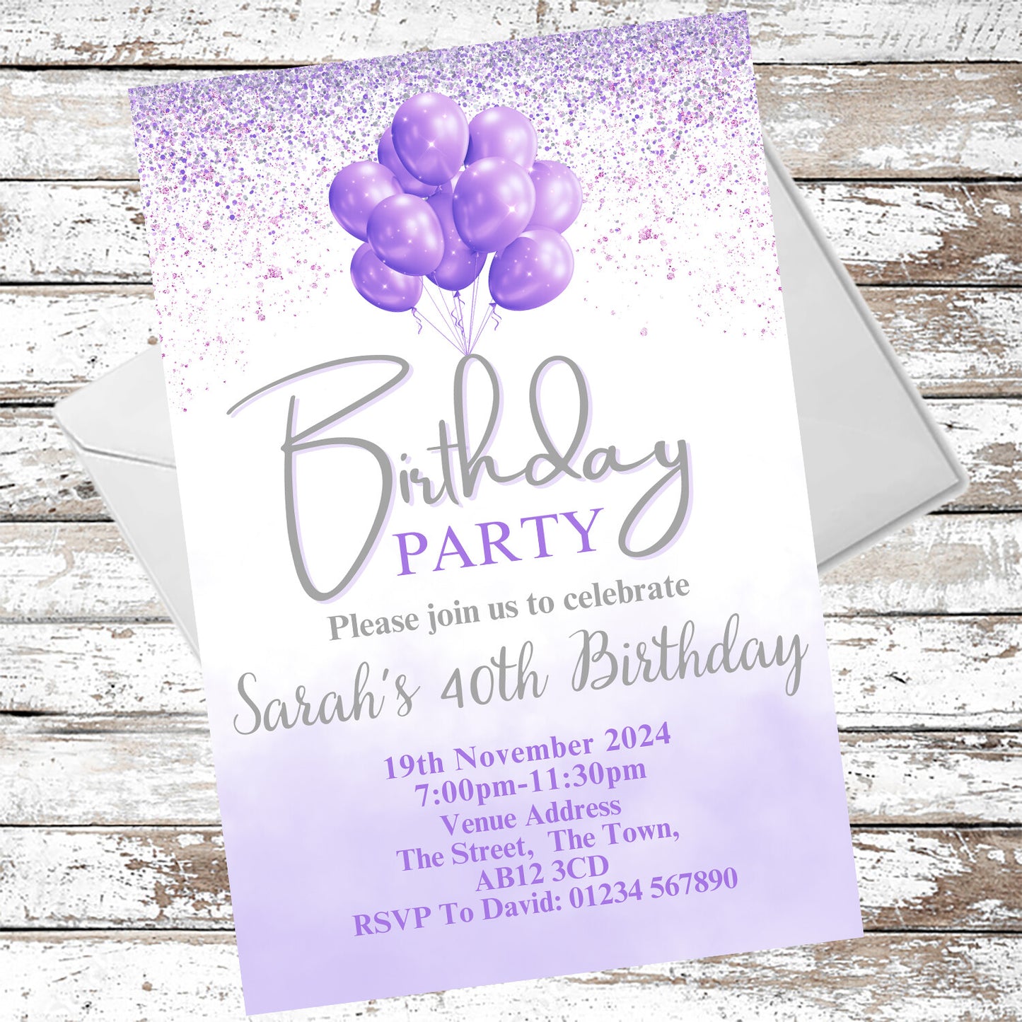 10 Personalised Purple Balloons Party Any Age Invitations With Envelopes