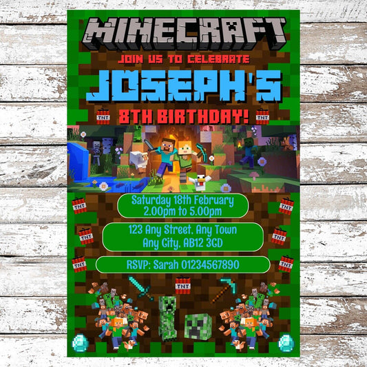10 Personalised Minecraft Gaming Party Invitations With Envelopes