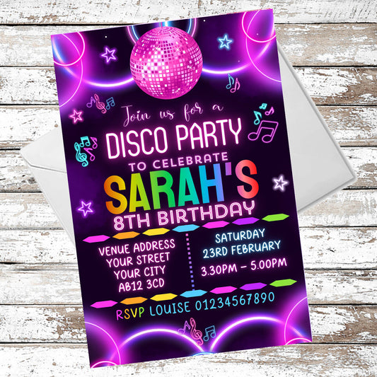10 Personalised Neon Girls Disco Party Invitations With Envelopes