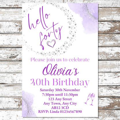 10 Personalised Purple Any Age Party Invitations With Envelopes