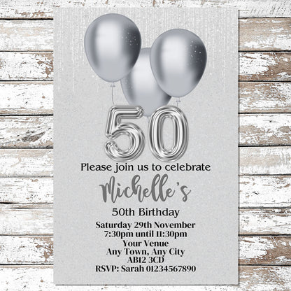 10 Personalised Silver Balloons Any Age Party Invitations With Envelopes