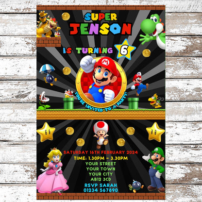 10 Personalised Super Mario Gaming Party Invitations With Envelopes