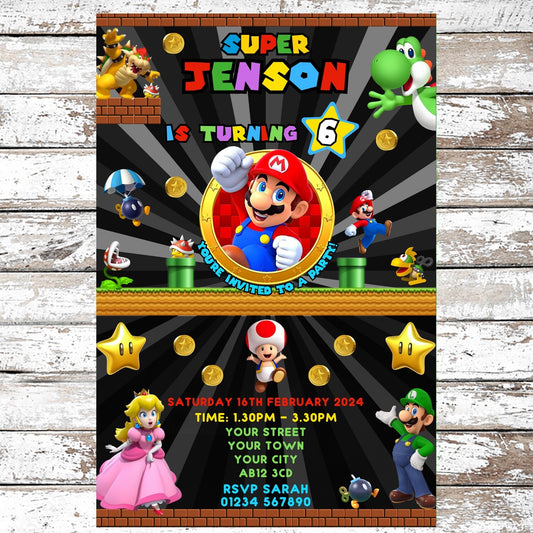 10 Personalised Super Mario Gaming Party Invitations With Envelopes