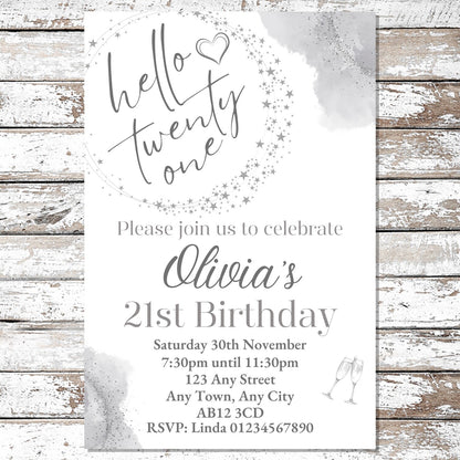 10 Personalised Silver Any Age Party Invitations With Envelopes