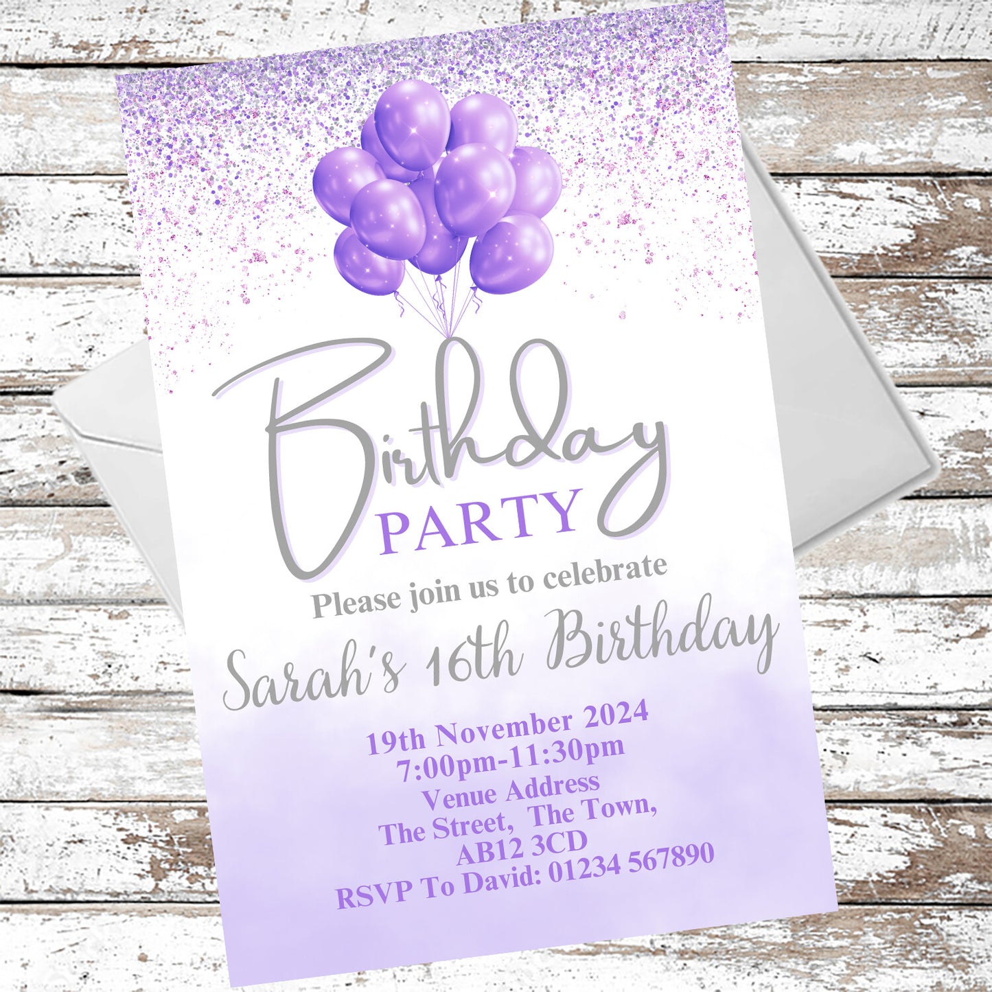 10 Personalised Purple Balloons Party Any Age Invitations With Envelopes