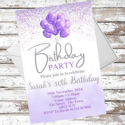 10 Personalised Purple Balloons Party Any Age Invitations With Envelopes