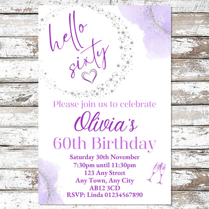 10 Personalised Purple Any Age Party Invitations With Envelopes