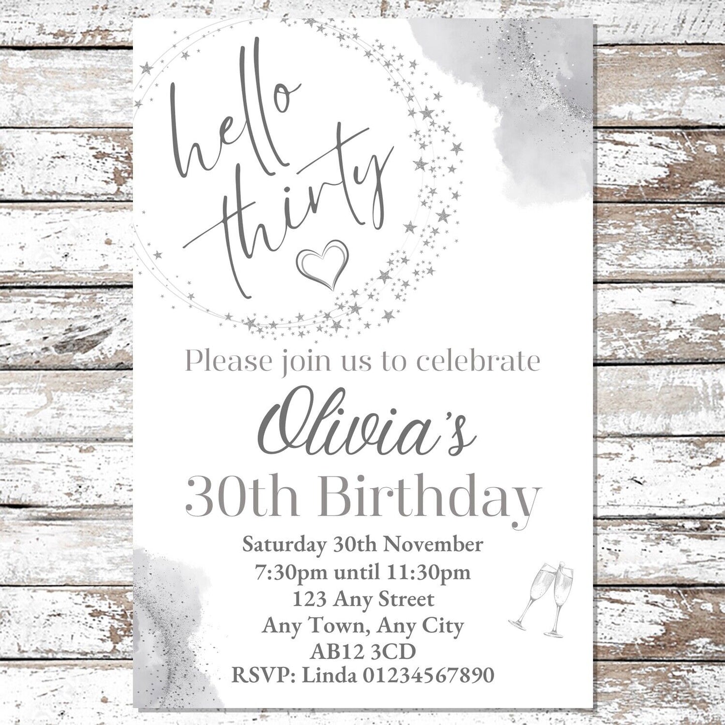 10 Personalised Silver Any Age Party Invitations With Envelopes