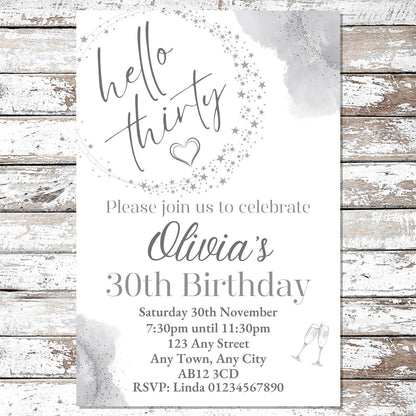 10 Personalised Silver Any Age Party Invitations With Envelopes