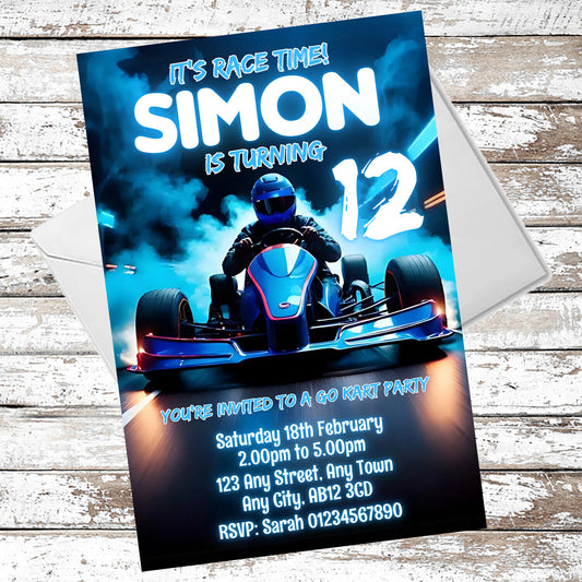 10 Personalised Blue Go Kart Party Invitations With Envelopes