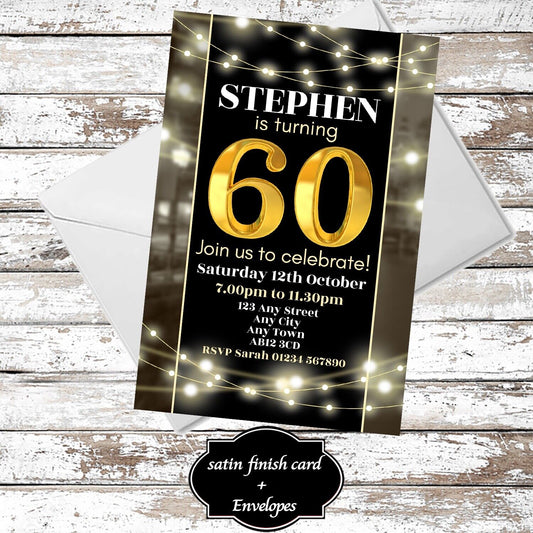 10 Personalised Gold & Black Party Any Age Invitations With Envelopes