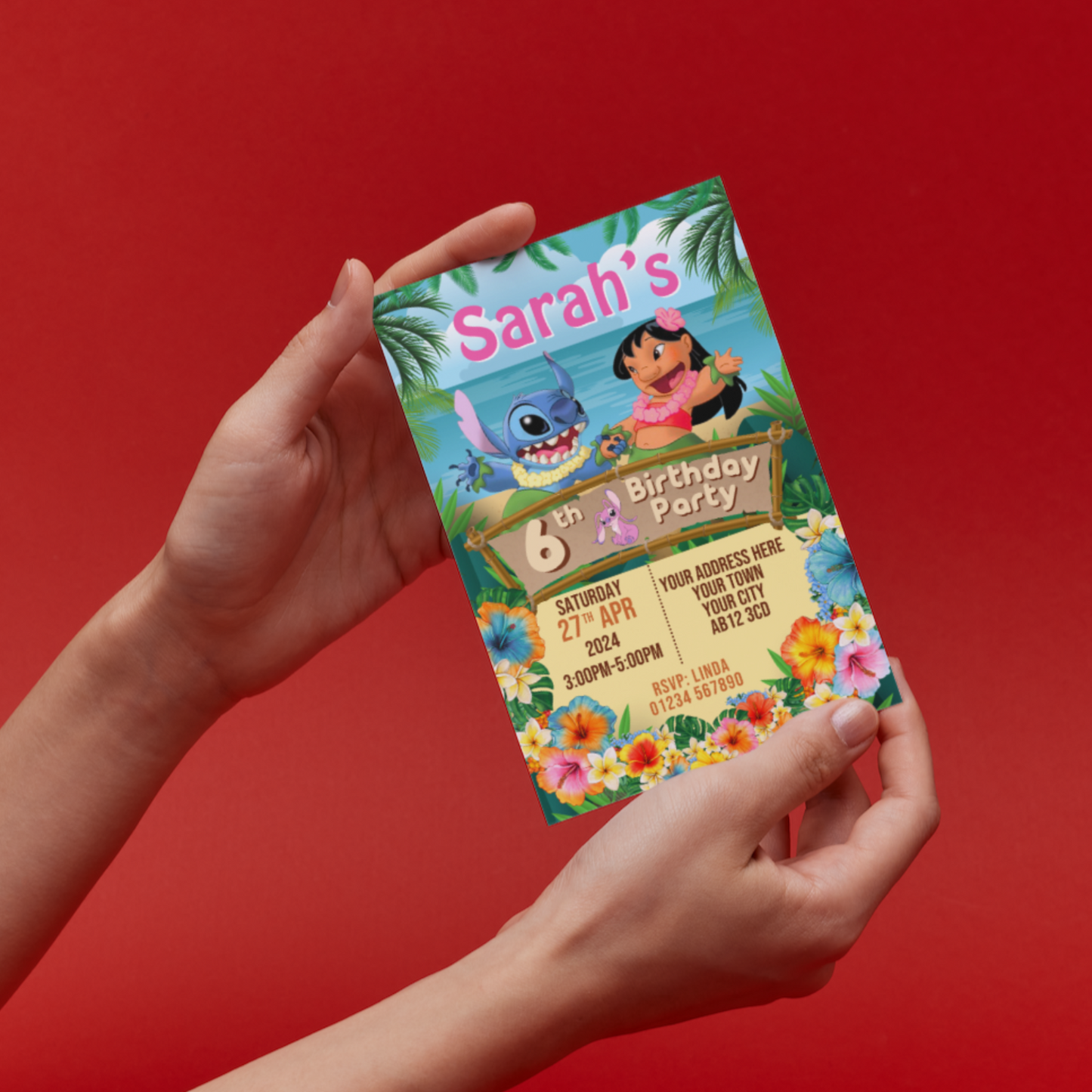 10 Personalised Lilo & Stitch Hawaii Party Invitations With Envelopes