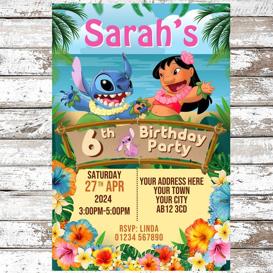 10 Personalised Lilo & Stitch Hawaii Party Invitations With Envelopes