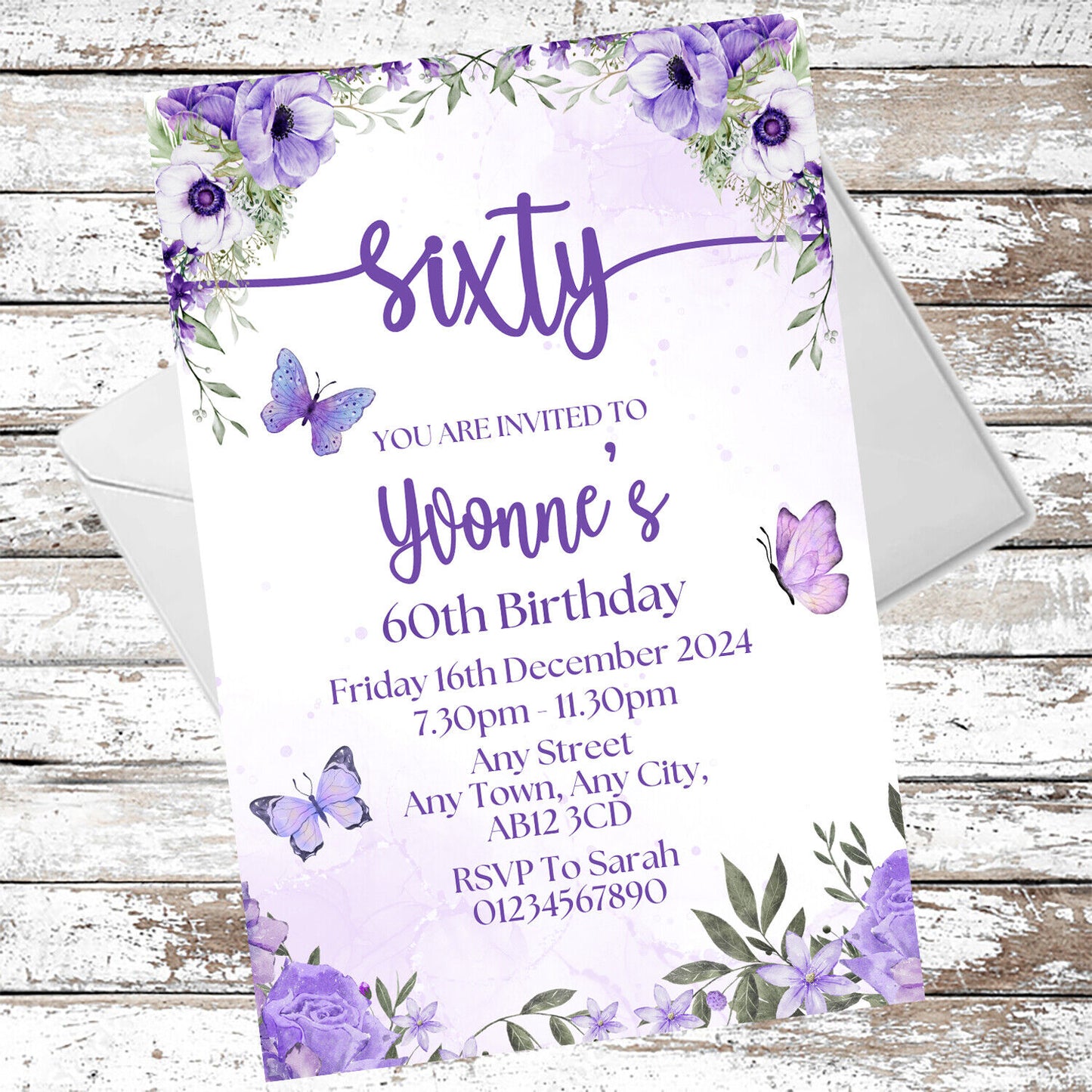 10 Personalised Purple Party Any Age Invitations With Envelopes