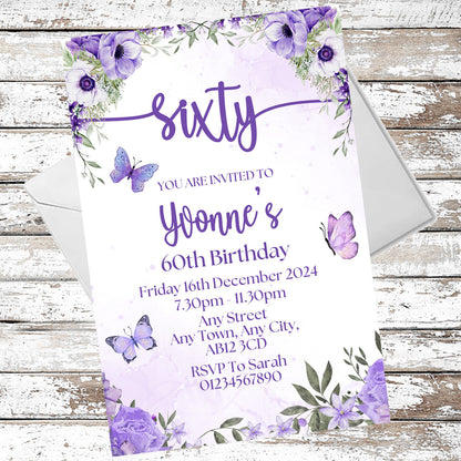 10 Personalised Purple Party Any Age Invitations With Envelopes