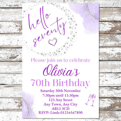 10 Personalised Purple Any Age Party Invitations With Envelopes