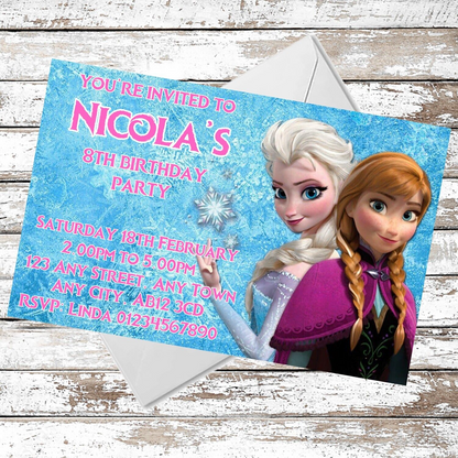 10 Personalised Cute Frozen Elsa & Anna Party Invitations With Envelopes