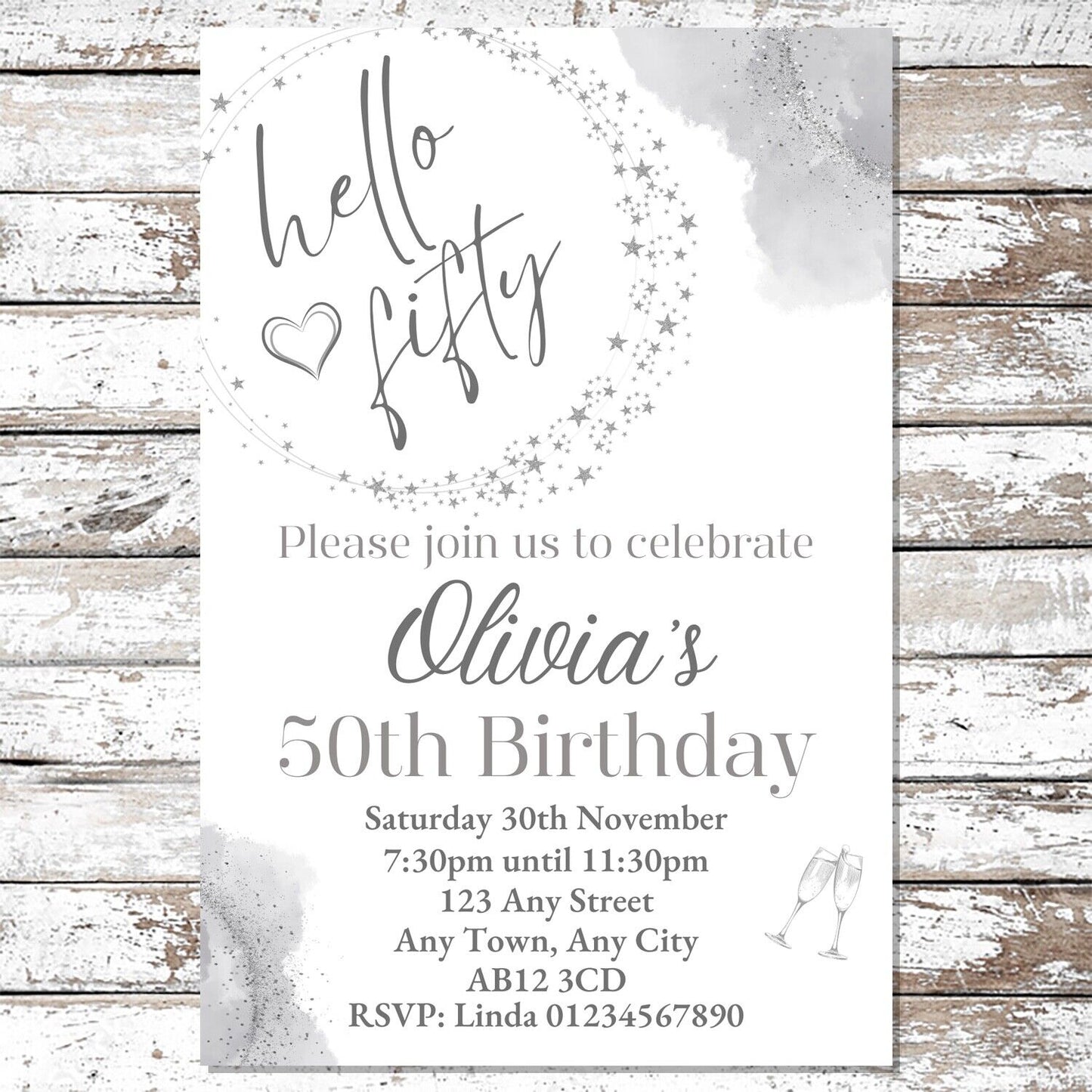 10 Personalised Silver Any Age Party Invitations With Envelopes