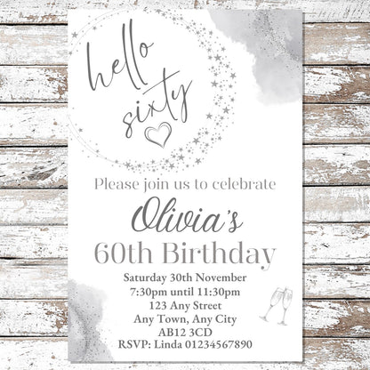 10 Personalised Silver Any Age Party Invitations With Envelopes