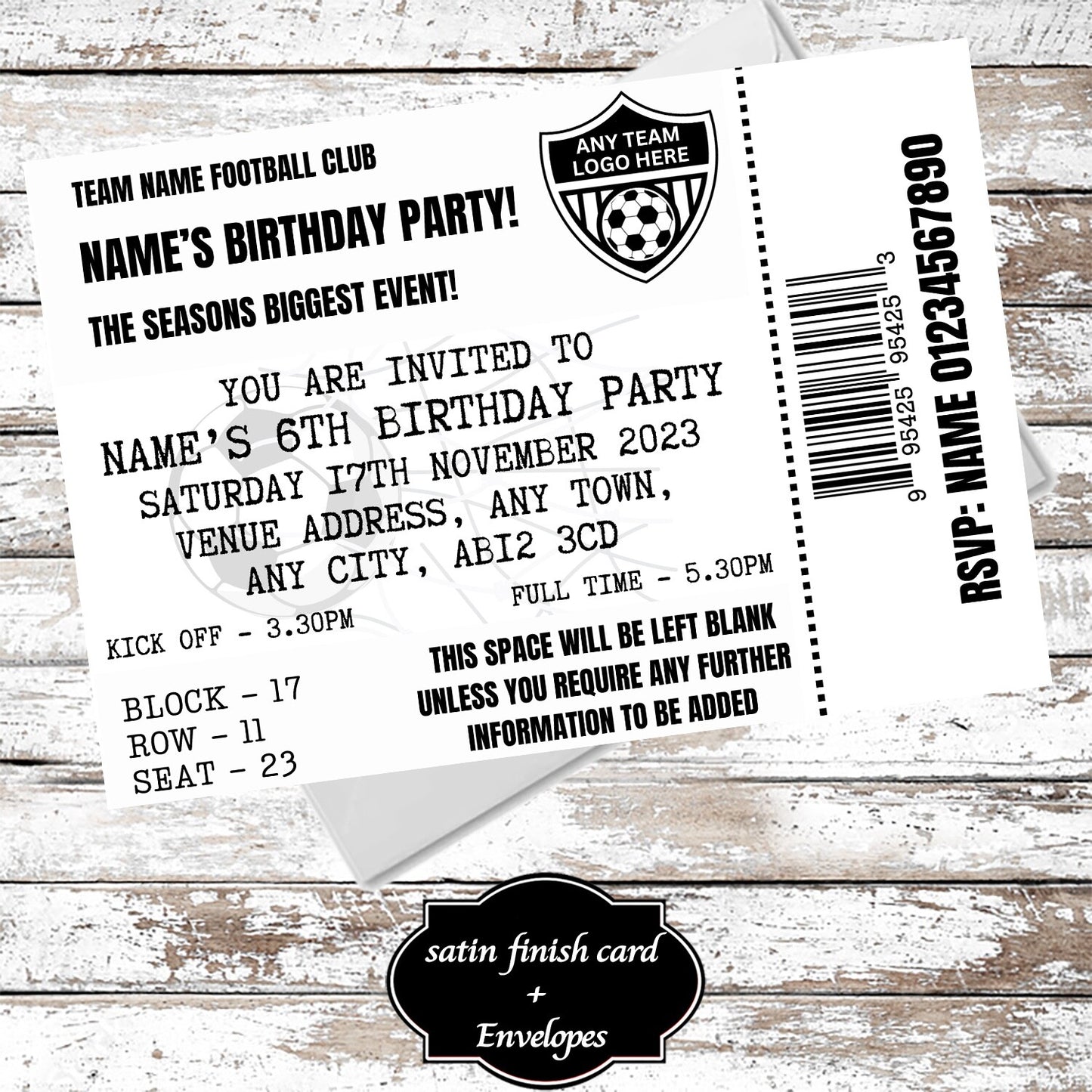 10 Personalised Football Ticket White Party Invitations With Envelopes