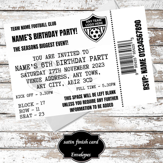 10 Personalised Football Ticket White Party Invitations With Envelopes