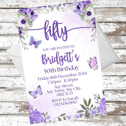 10 Personalised Purple Party Any Age Invitations With Envelopes