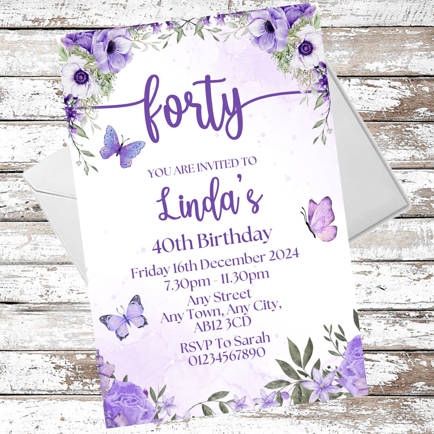10 Personalised Purple Party Any Age Invitations With Envelopes