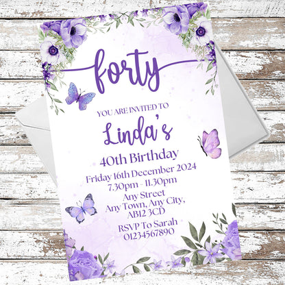 10 Personalised Purple Party Any Age Invitations With Envelopes