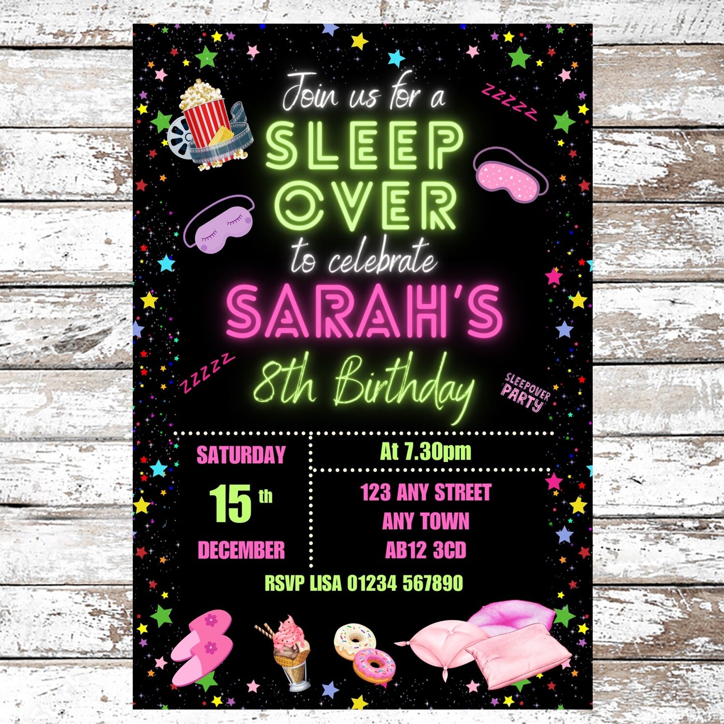 10 Personalised Neon Sleepover Slumber Party Invitations With Envelopes