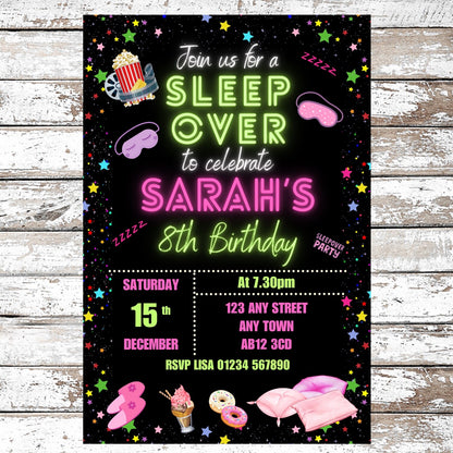 10 Personalised Neon Sleepover Slumber Party Invitations With Envelopes