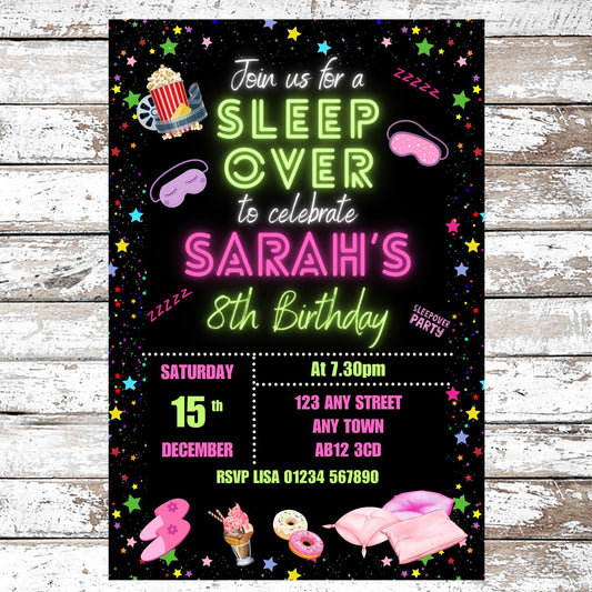 10 Personalised Neon Sleepover Slumber Party Invitations With Envelopes