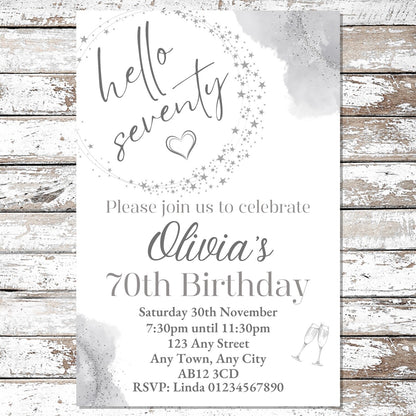10 Personalised Silver Any Age Party Invitations With Envelopes
