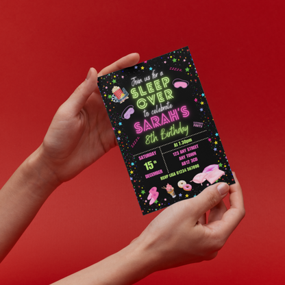 10 Personalised Neon Sleepover Slumber Party Invitations With Envelopes