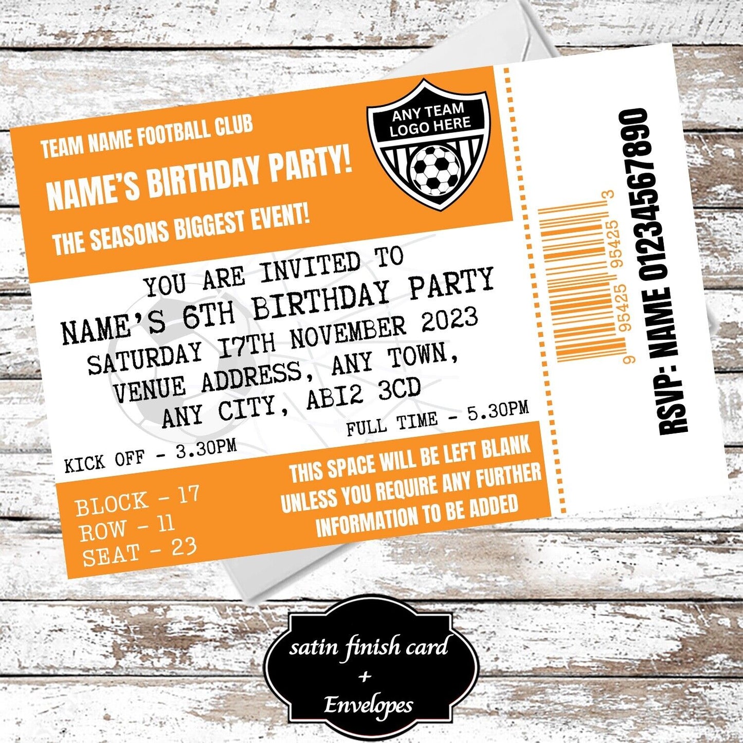 10 Personalised Football Ticket Orange Party Invitations With Envelopes