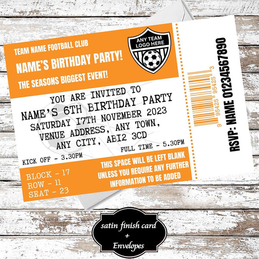 10 Personalised Football Ticket Orange Party Invitations With Envelopes