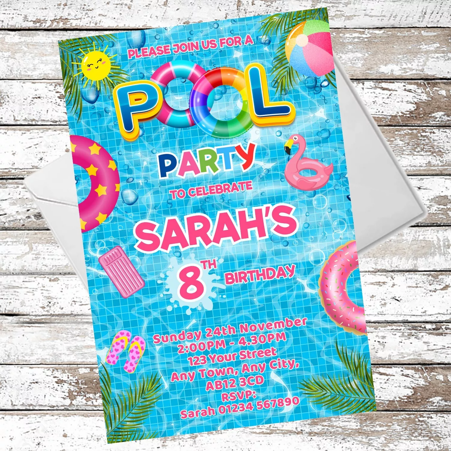 10 Personalised Swimming Pool Party Party Invitations With Envelopes
