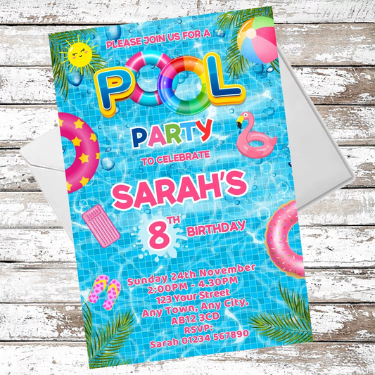 10 Personalised Swimming Pool Party Party Invitations With Envelopes