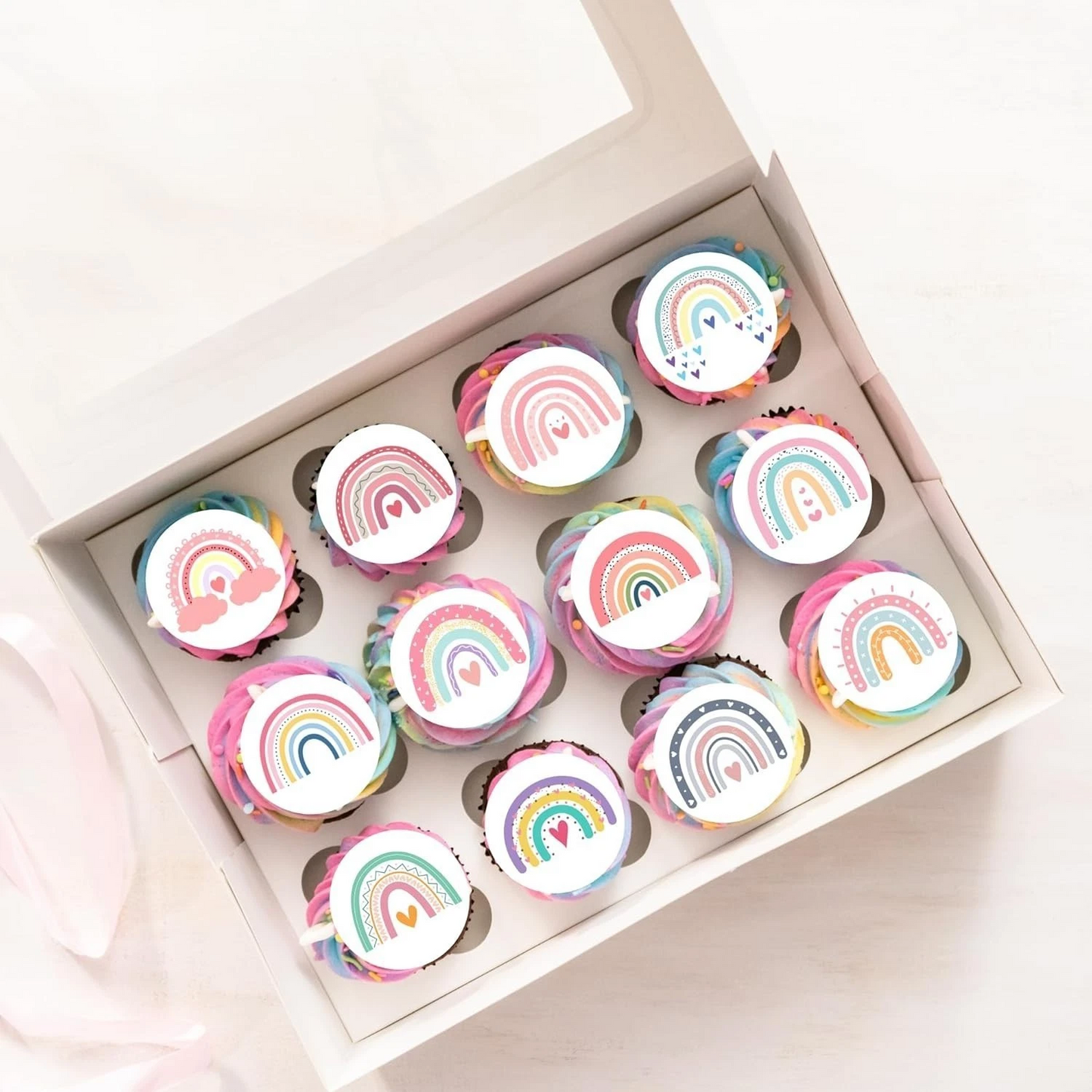 Boho Rainbow Pre-Cut Edible Wafer Cupcake Toppers Pack Of 24