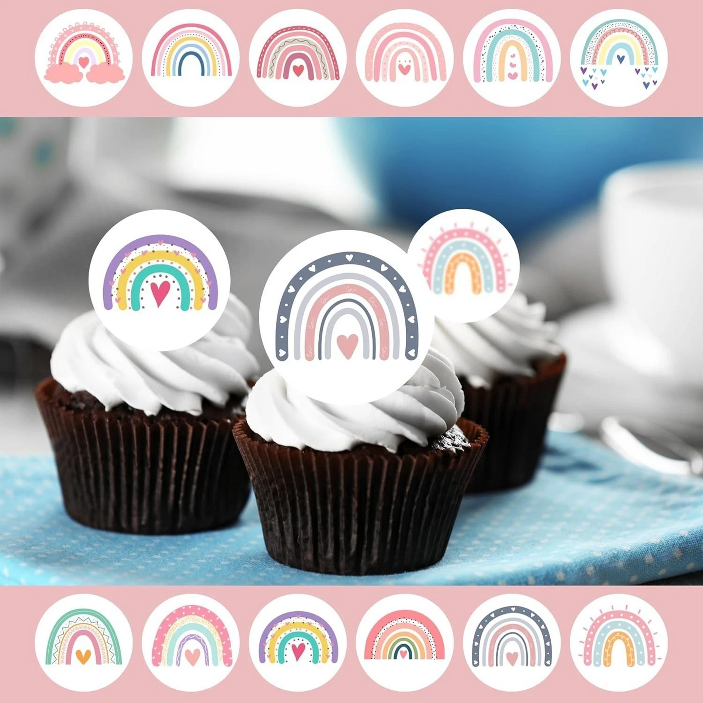 Boho Rainbow Pre-Cut Edible Wafer Cupcake Toppers Pack Of 24