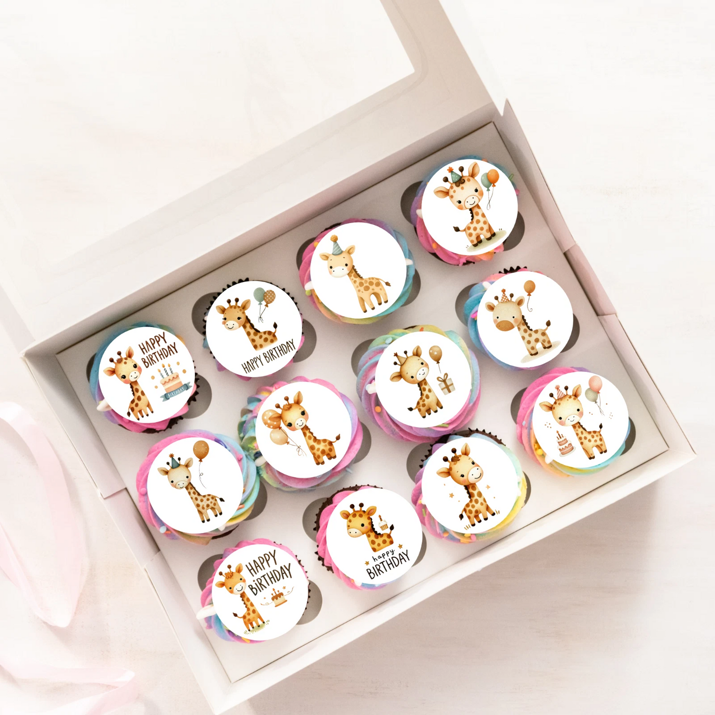 Giraffe Happy Birthday Pre-Cut Edible Wafer Cupcake Toppers Pack Of 24